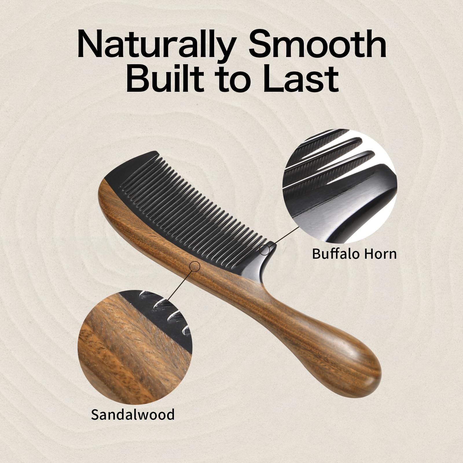 Onedor hair comb wood grain closeup sandalwood shows artisan finish and premium feel.