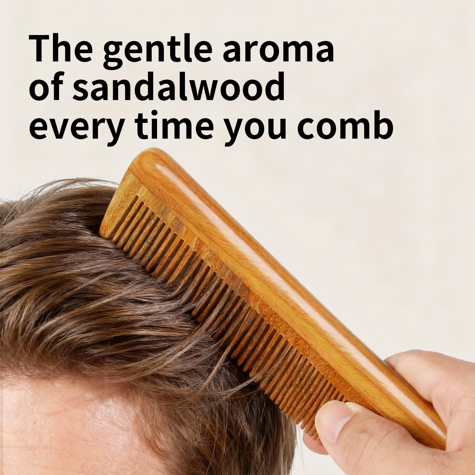 Onedor sandalwood comb resting on hair shows smooth edges for daily styling.