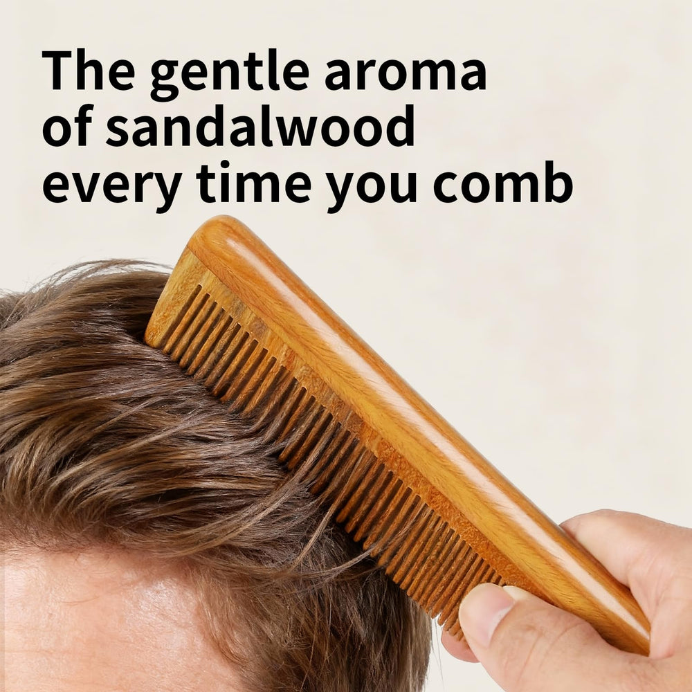Onedor sandalwood comb resting on hair shows smooth edges for daily styling.