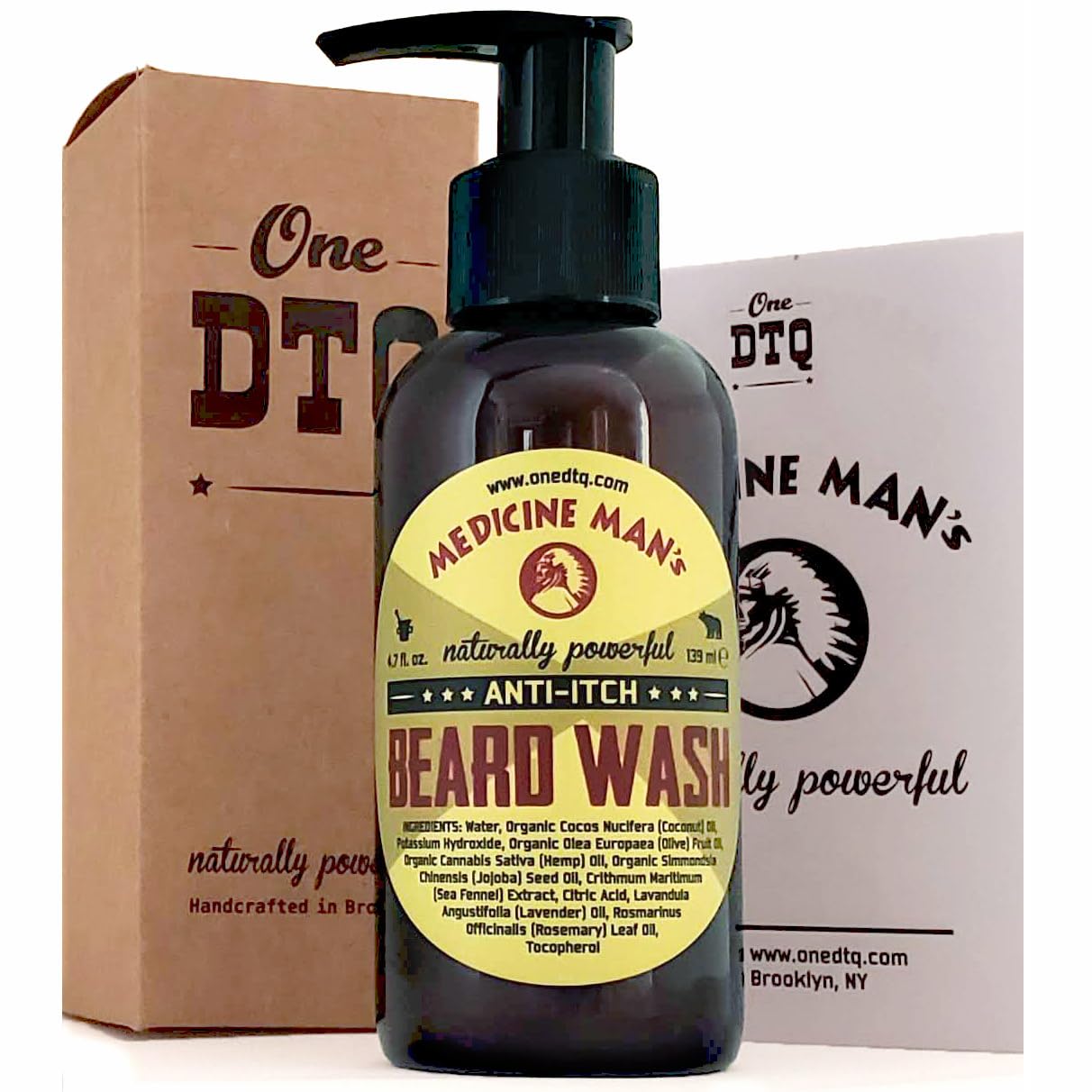 OneDTQ Medicine Man's Itchy Beard Wash bottle closeup shows a refreshing beard cleanse