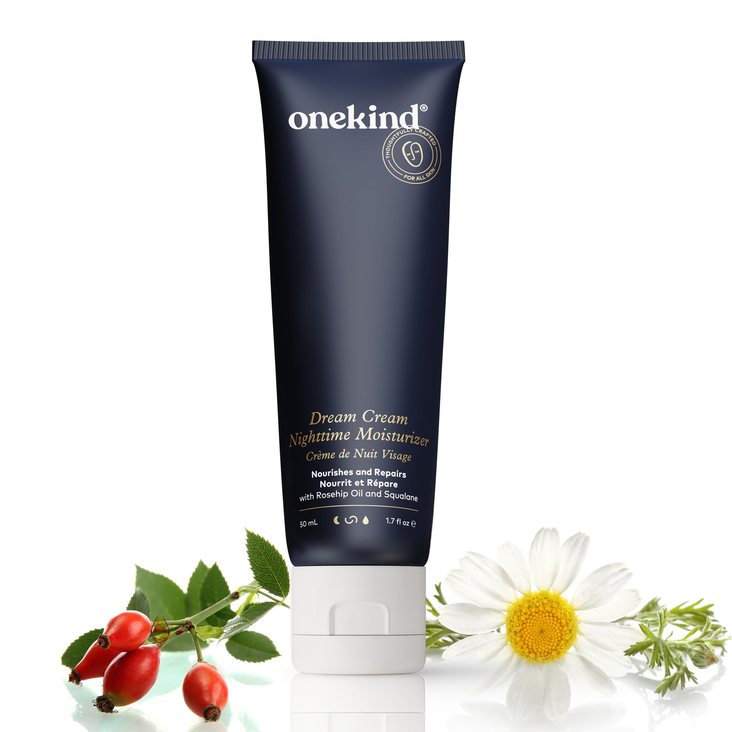 Onekind Dream Cream Night Moisturizer jar shows rich, creamy texture for overnight hydration.