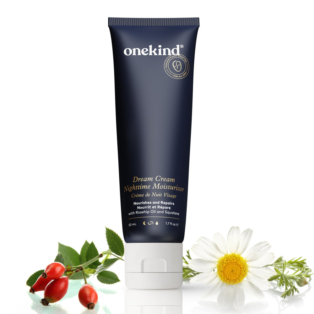 Onekind Dream Cream Night Moisturizer jar shows rich, creamy texture for overnight hydration.