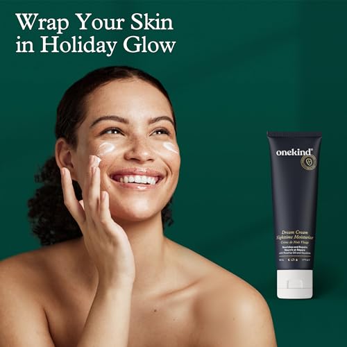 Onekind Dream Cream Night texture closeup highlights luxurious formula melting into skin for overnight care.