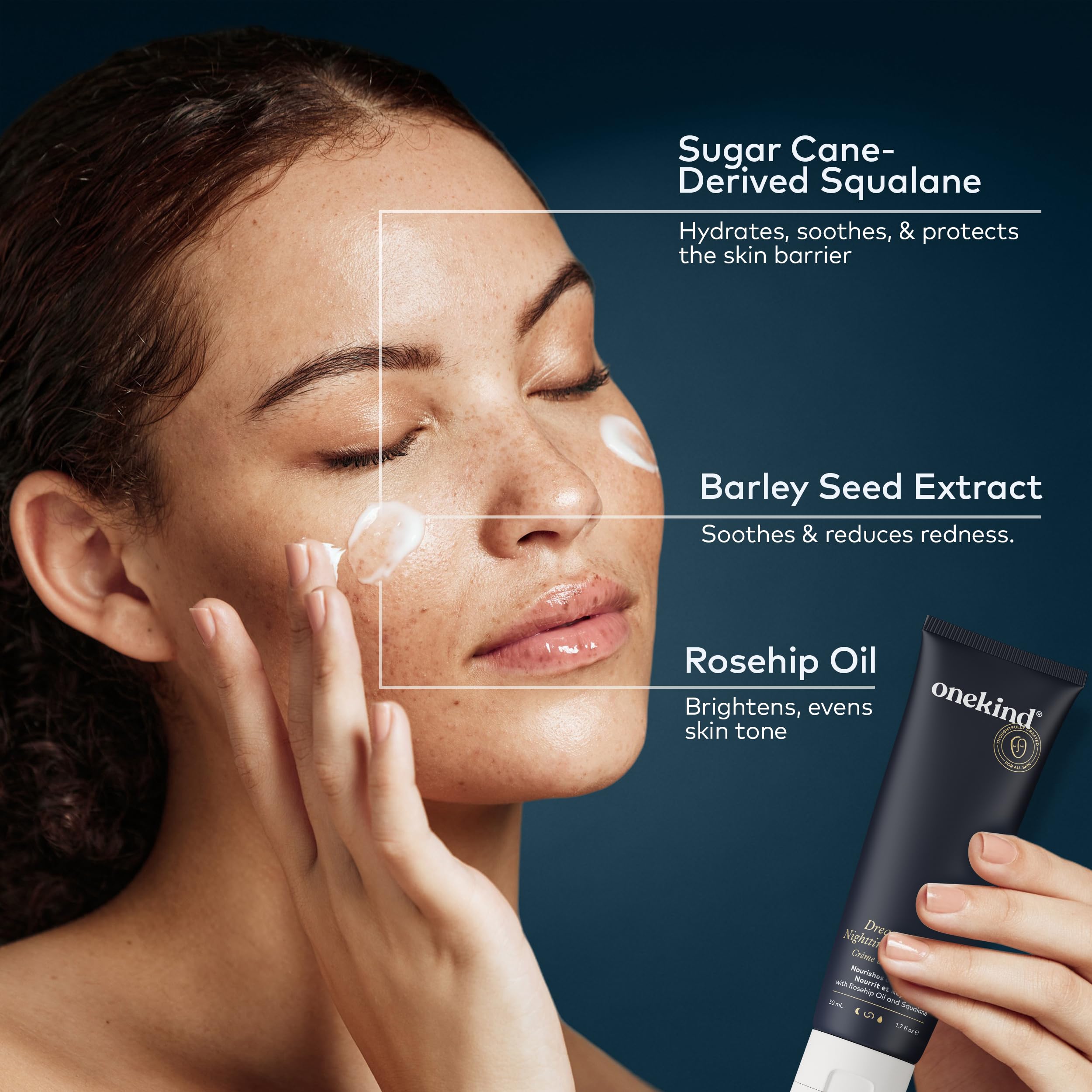 Onekind Dream Cream Night sensitive-skin use underscores fragrance-free, gentle daily hydration.