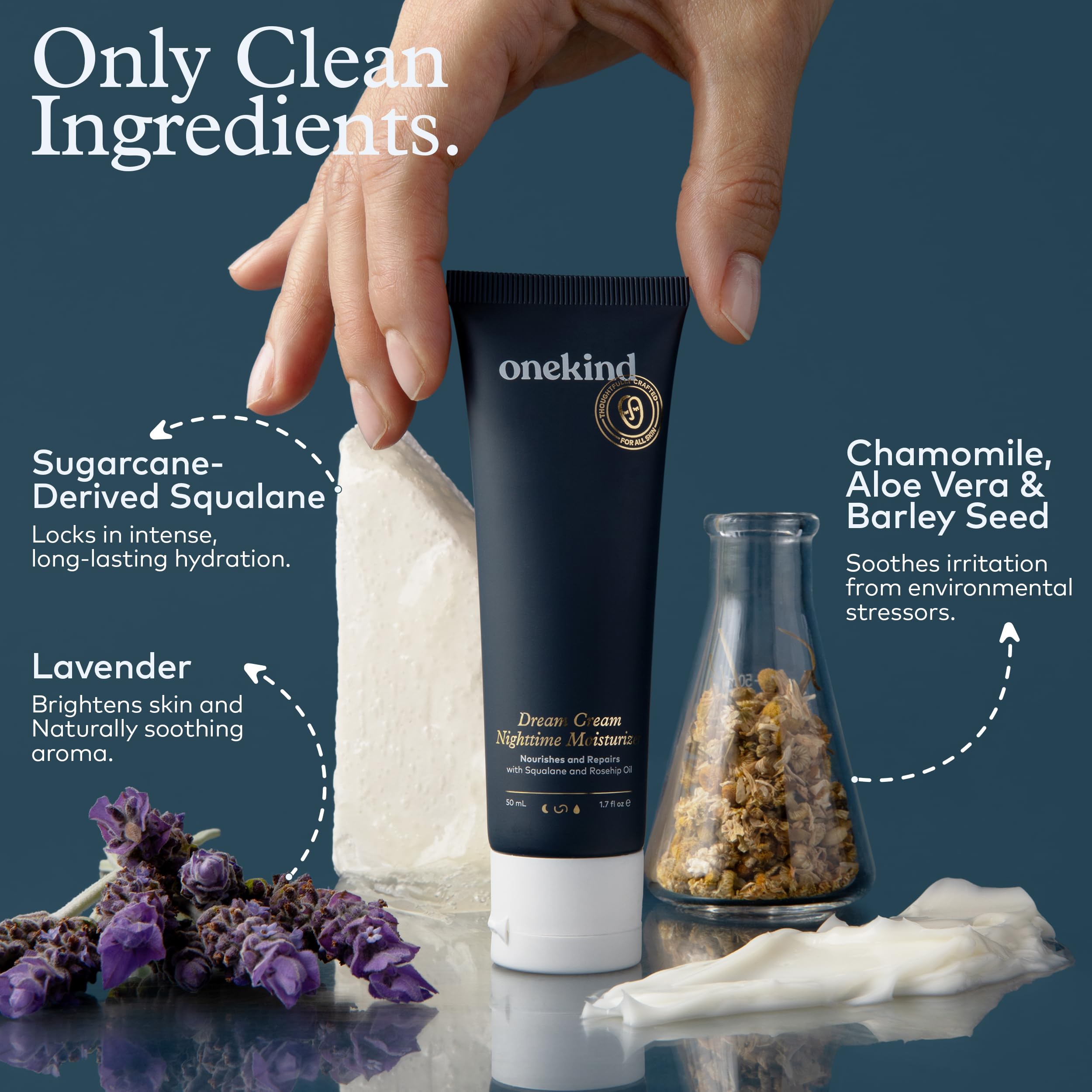 Onekind Dream Cream Night glow idea demonstrates post-application radiance by morning.