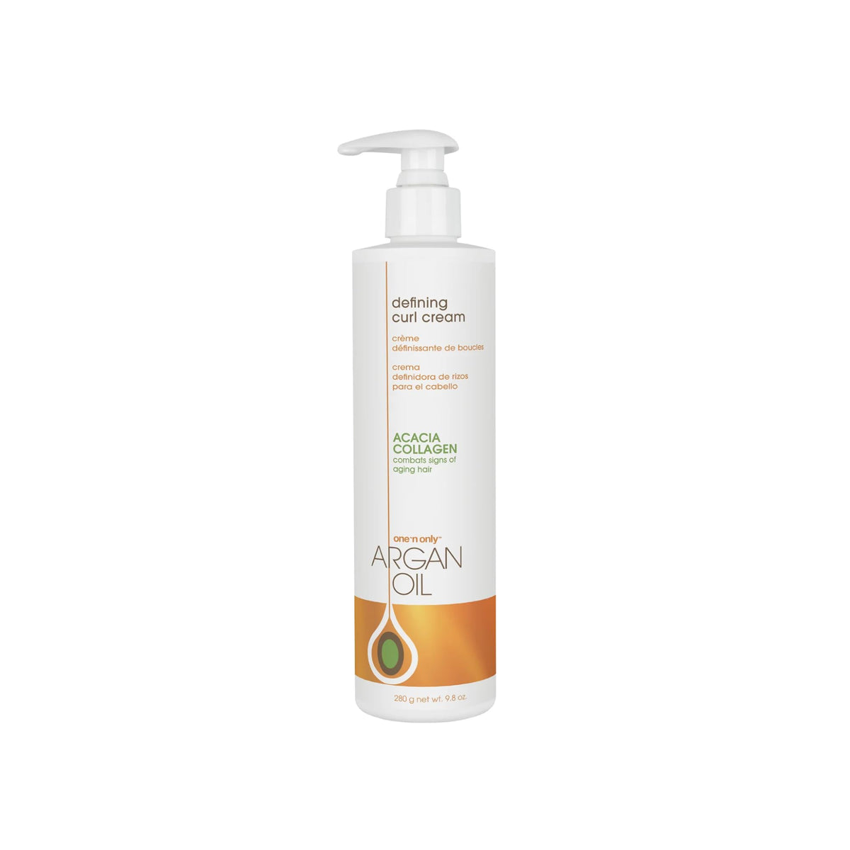 One 'N Only Defining Curl Cream argan oil bottle showing shine-boosting, frizz-control styling.