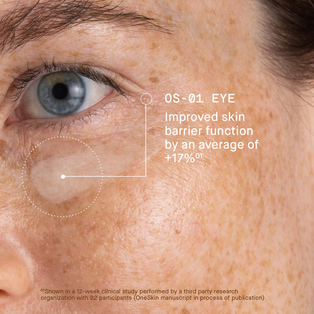 OneSkin OS-01 Eye puffiness close-up hints at reduced under-eye swelling.