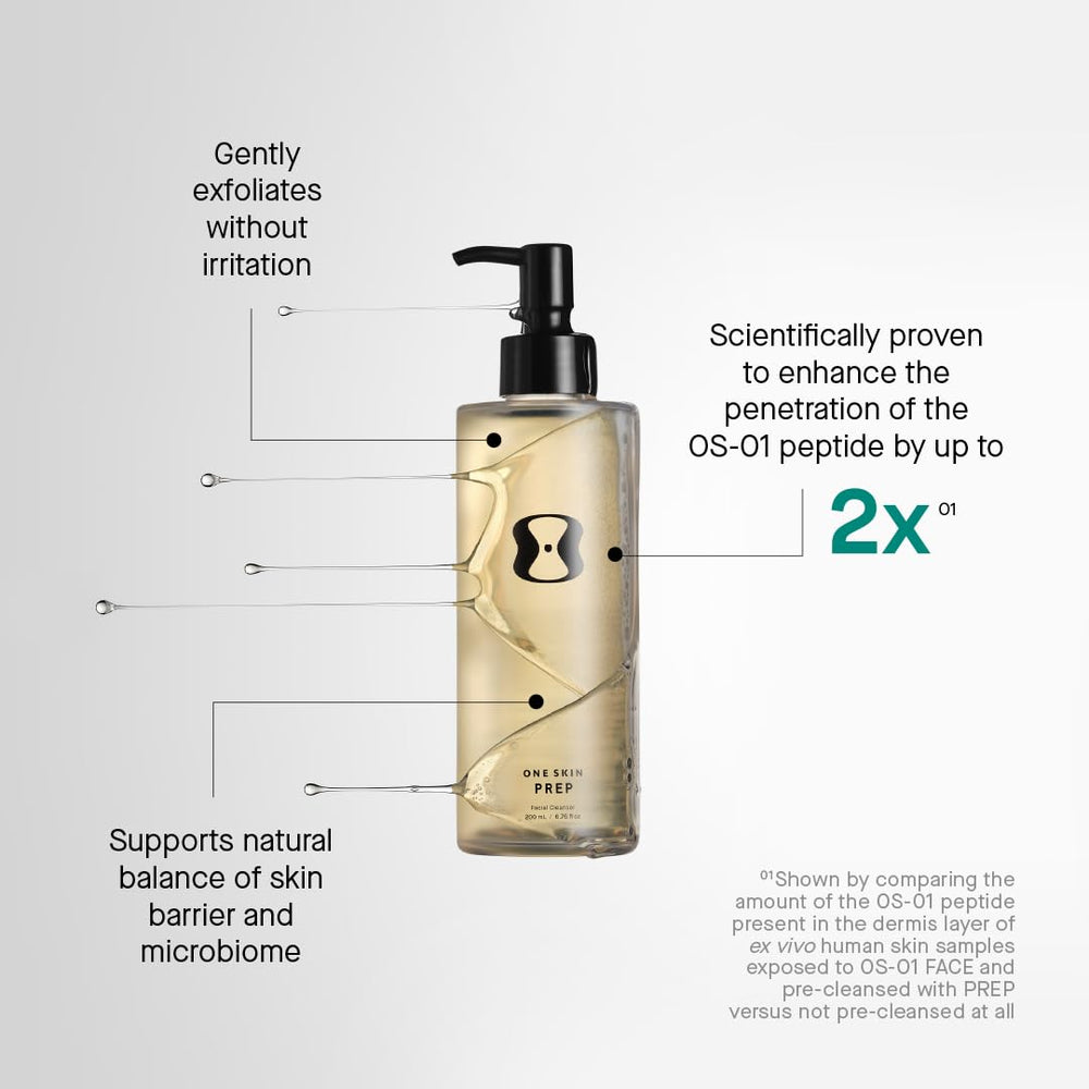 OneSkin PREP cleanser foam application showing gentle cleansing for skin balance