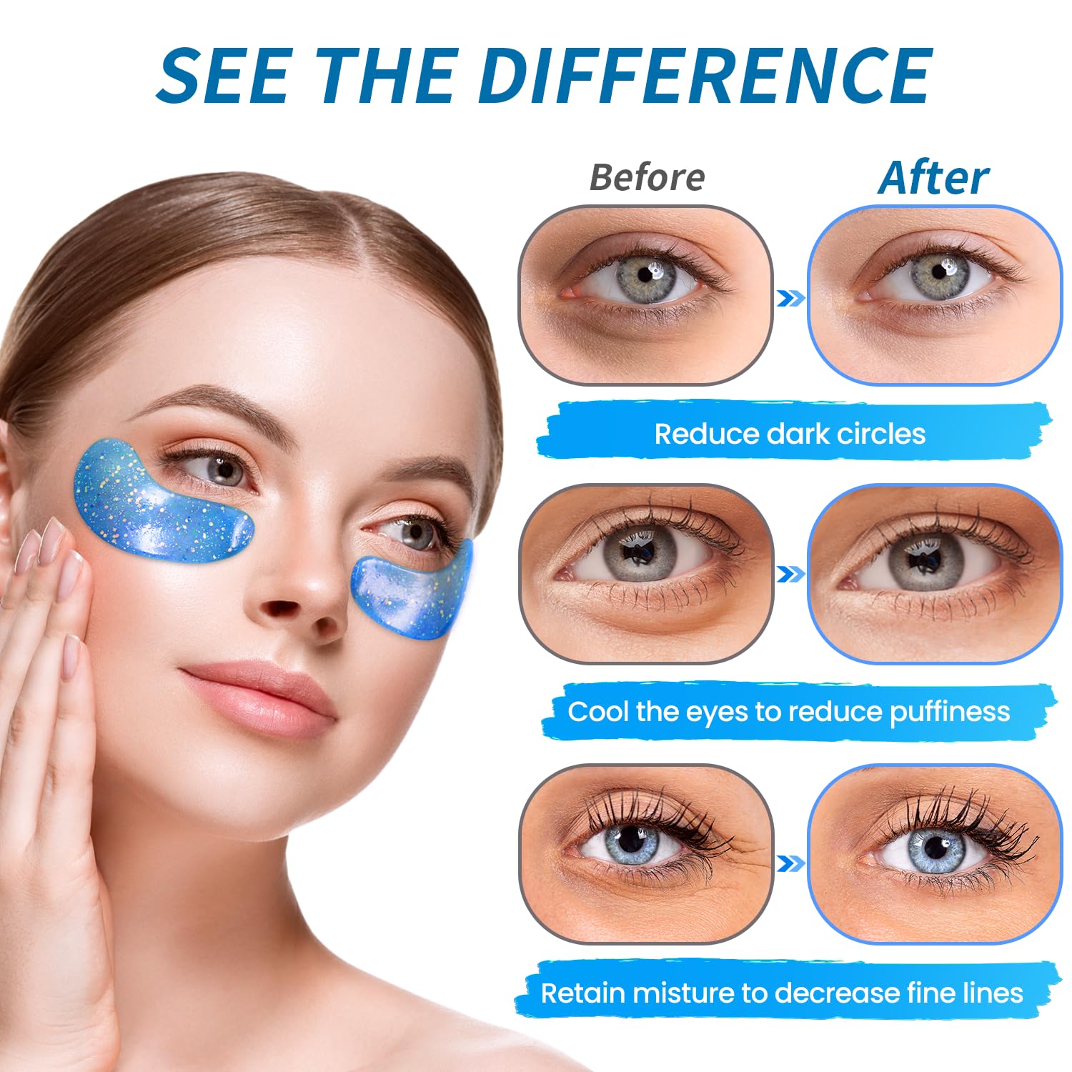 Onespring eye gel pads close-up shows collagen and hyaluronic acid ingredients for hydration