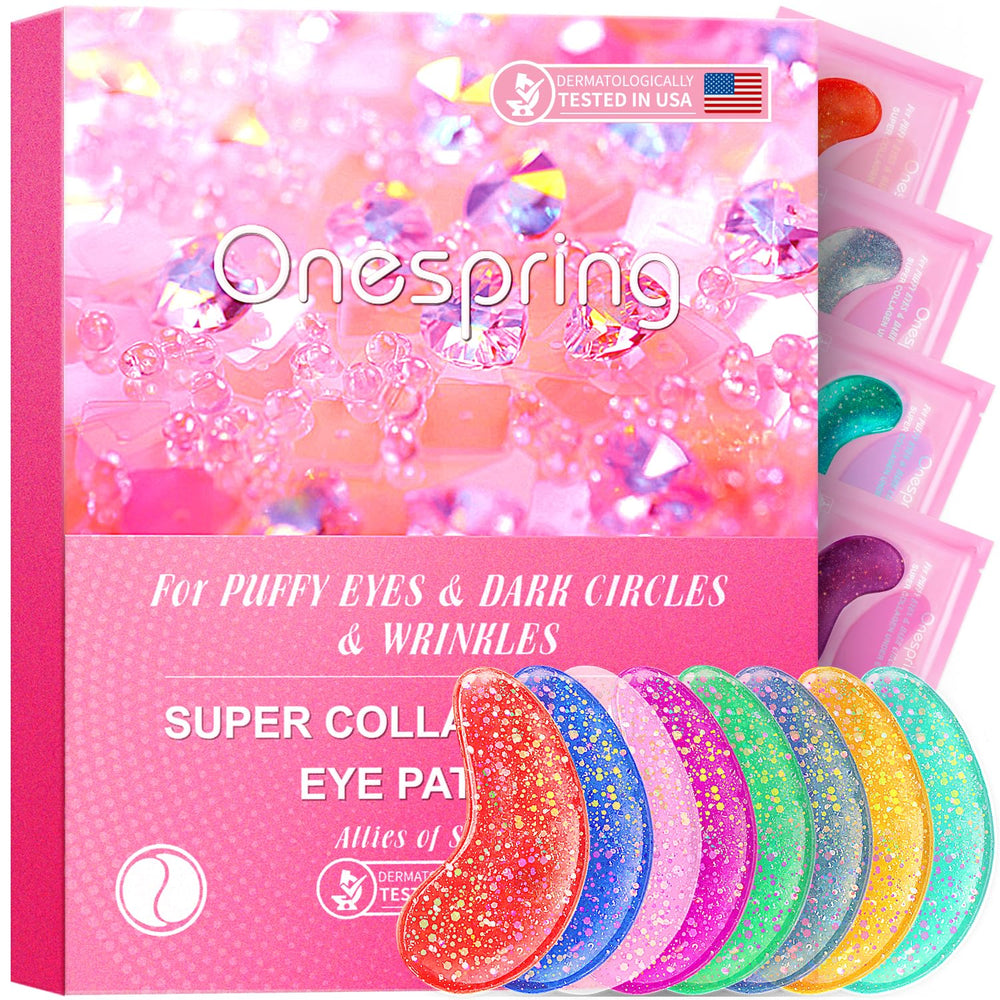 Onespring under eye patches pack shot showing 24 pairs for refreshed, less puffy eyes.