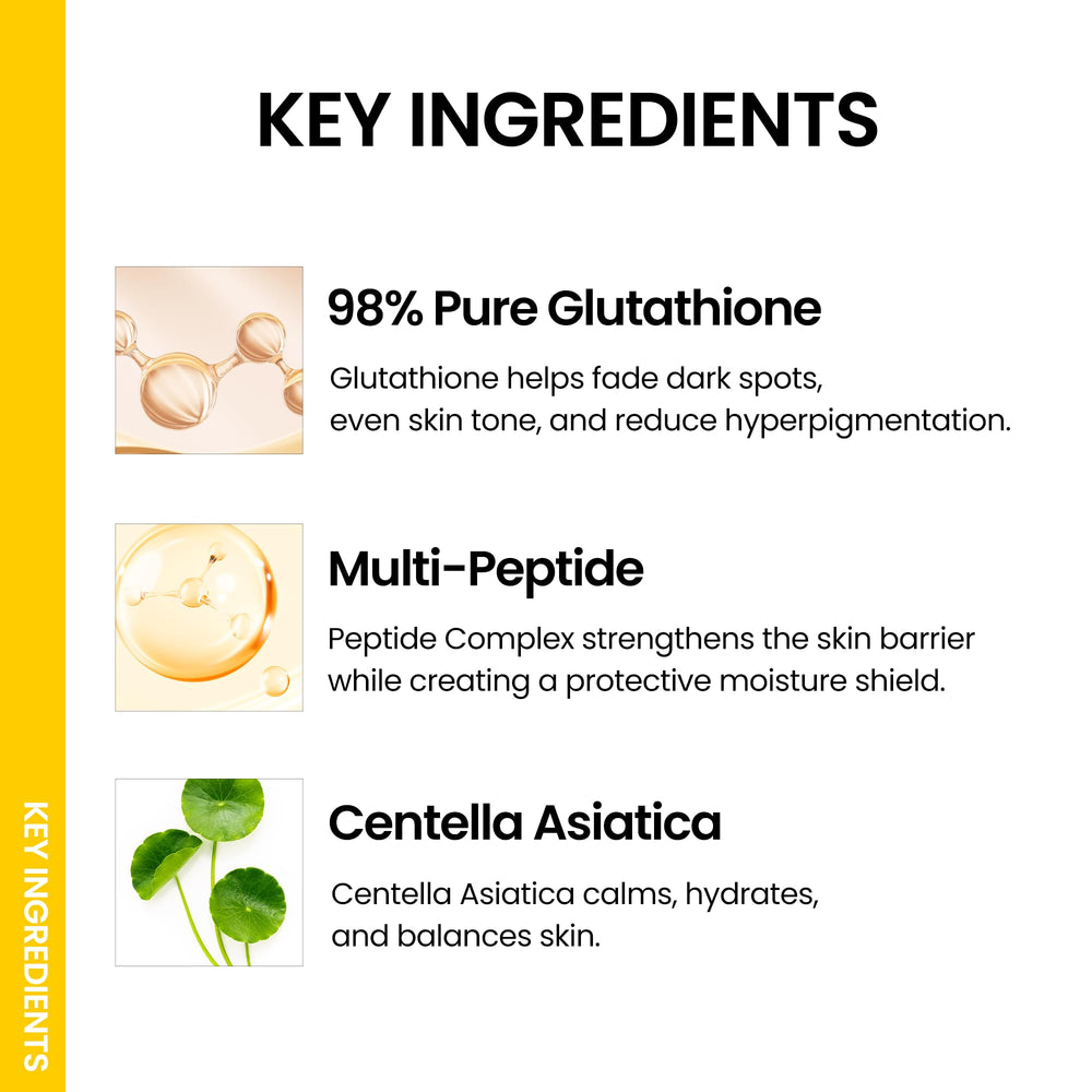 ONGREDIENTS Glutathione-rich formula with Centella visible on label, promoting sensitive-skin calm.