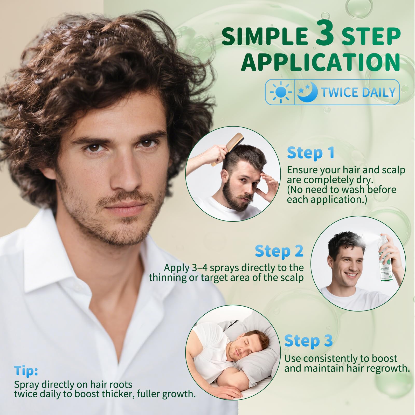 ONIADBA minoxidil precision mist spray used on scalp during routine.