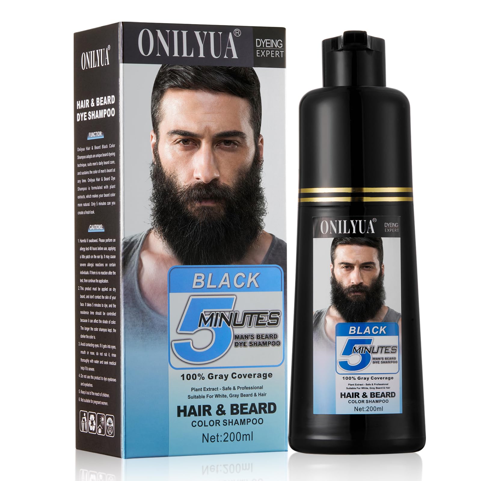 Onilyua beard dye shampoo bottle shows gradual gray reduction for daily grooming