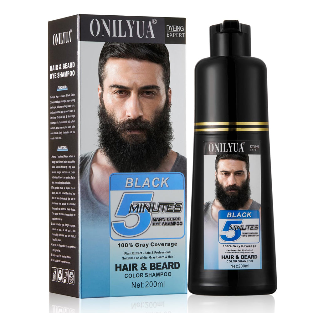 Onilyua beard dye shampoo bottle shows gradual gray reduction for daily grooming