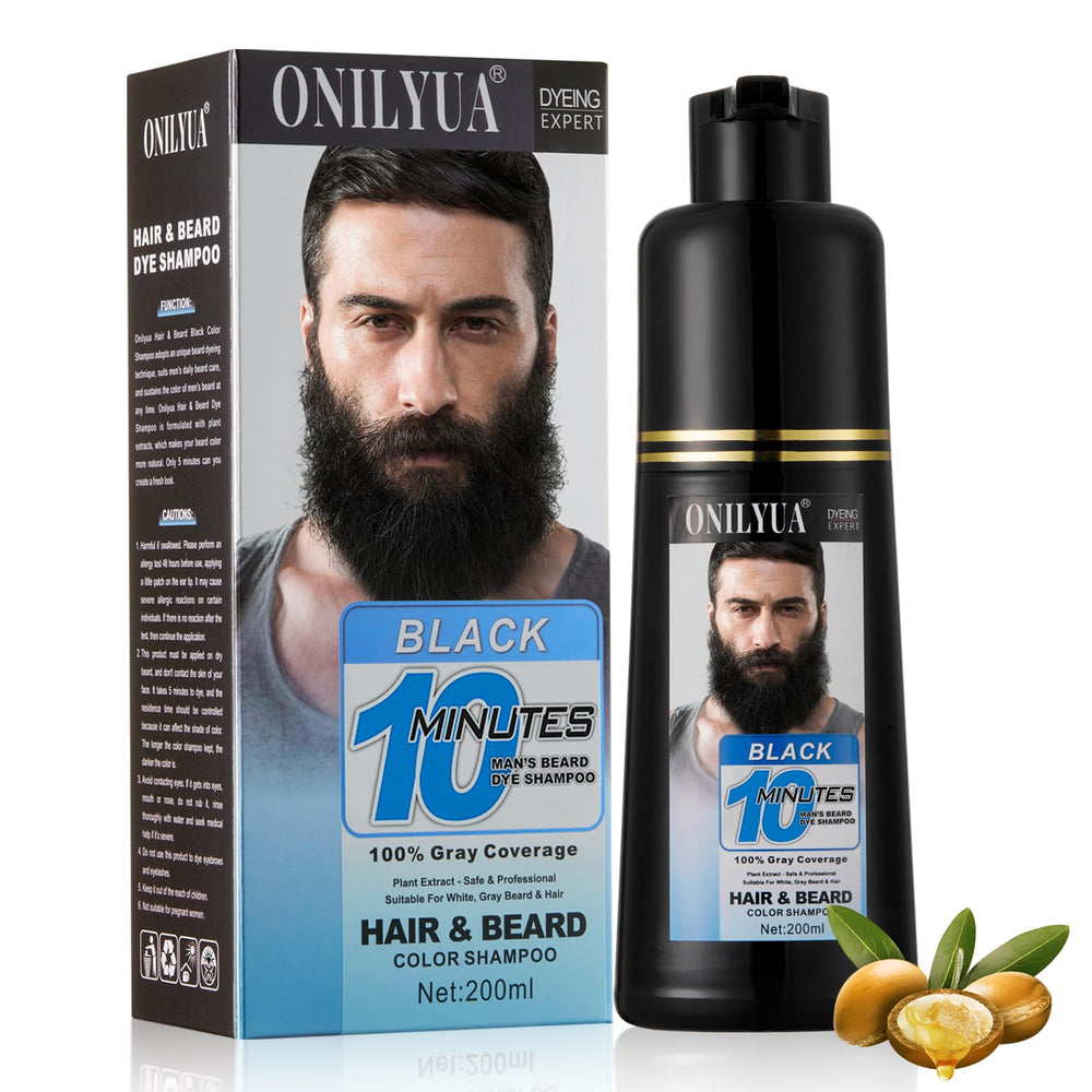 Onilyua 3-in-1 beard dye shampoo bottle delivers quick gray coverage for a bold look.