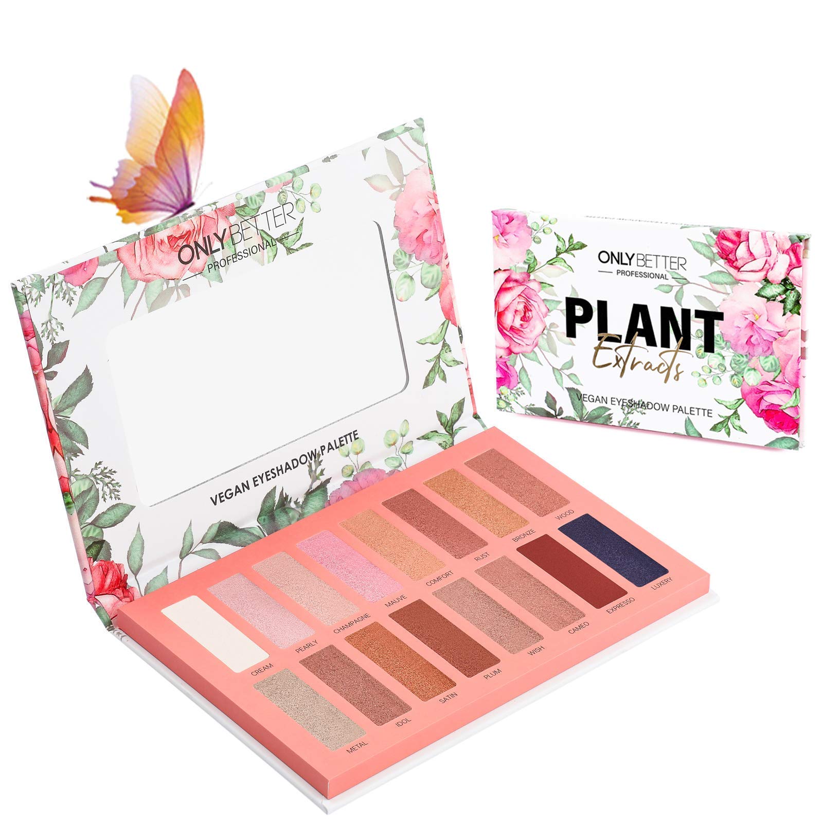 ONLYBETTER vegan nude eyeshadow palette opened shows sleek case and rich pigments for versatile looks.