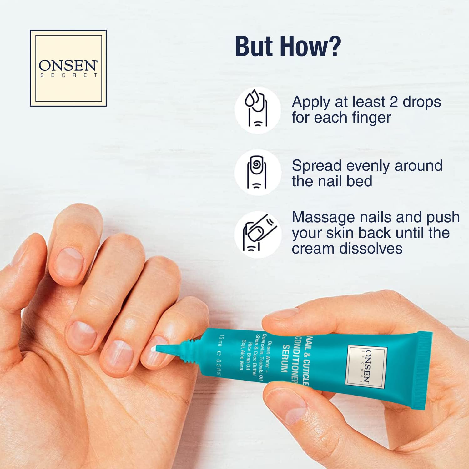 Onsen Secret carnauba wax image highlights protective moisture for hands and nails