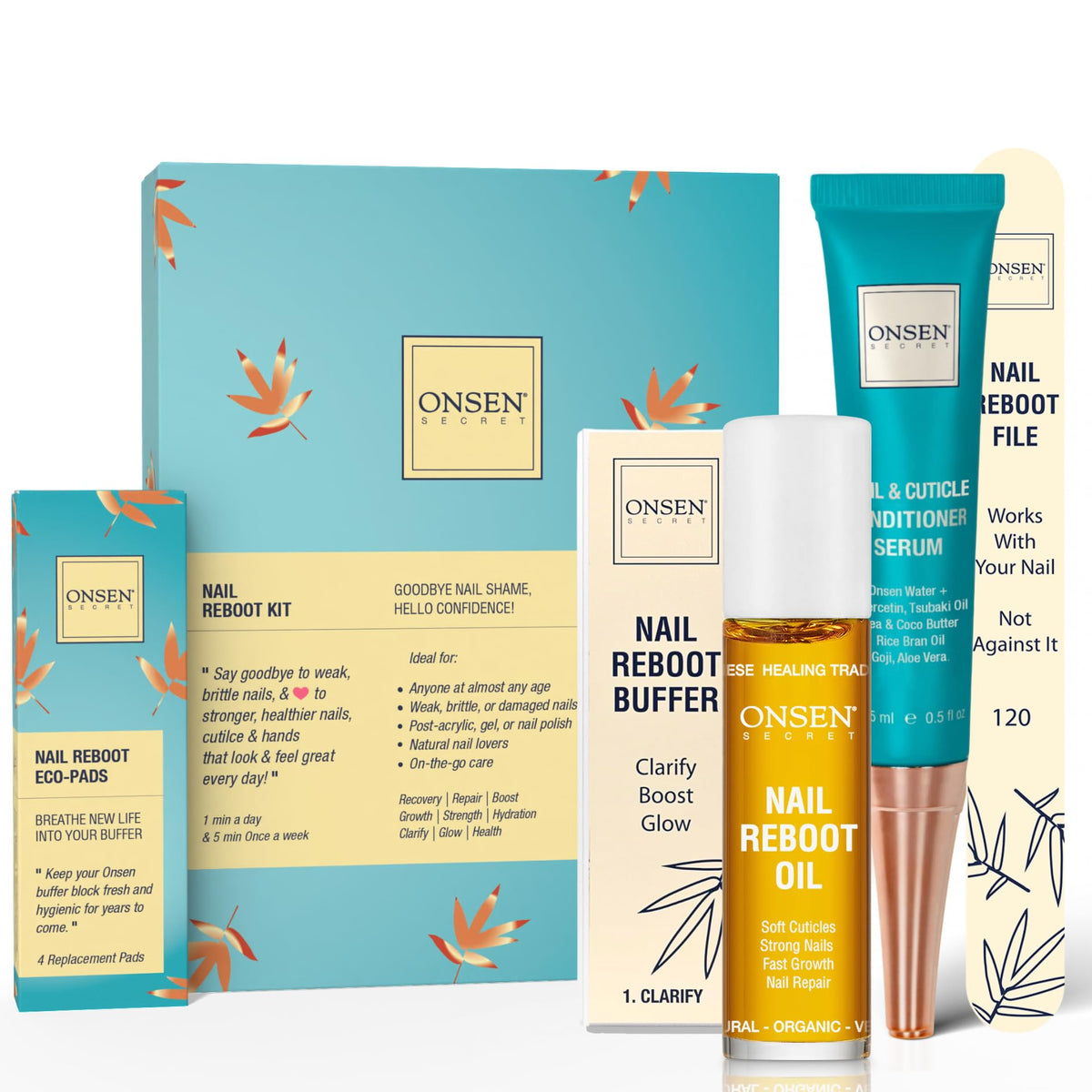 Onsen Secret nail reboot kit packshot with tools for a salon-quality manicure, prepping nails