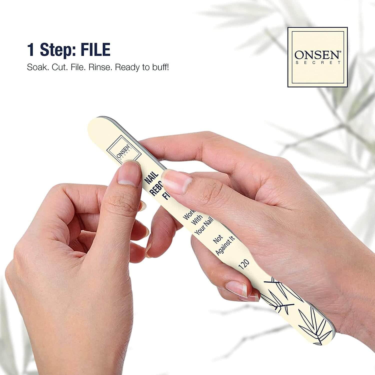 Onsen Secret cuticle serum being massaged into nails for gentle nourishment