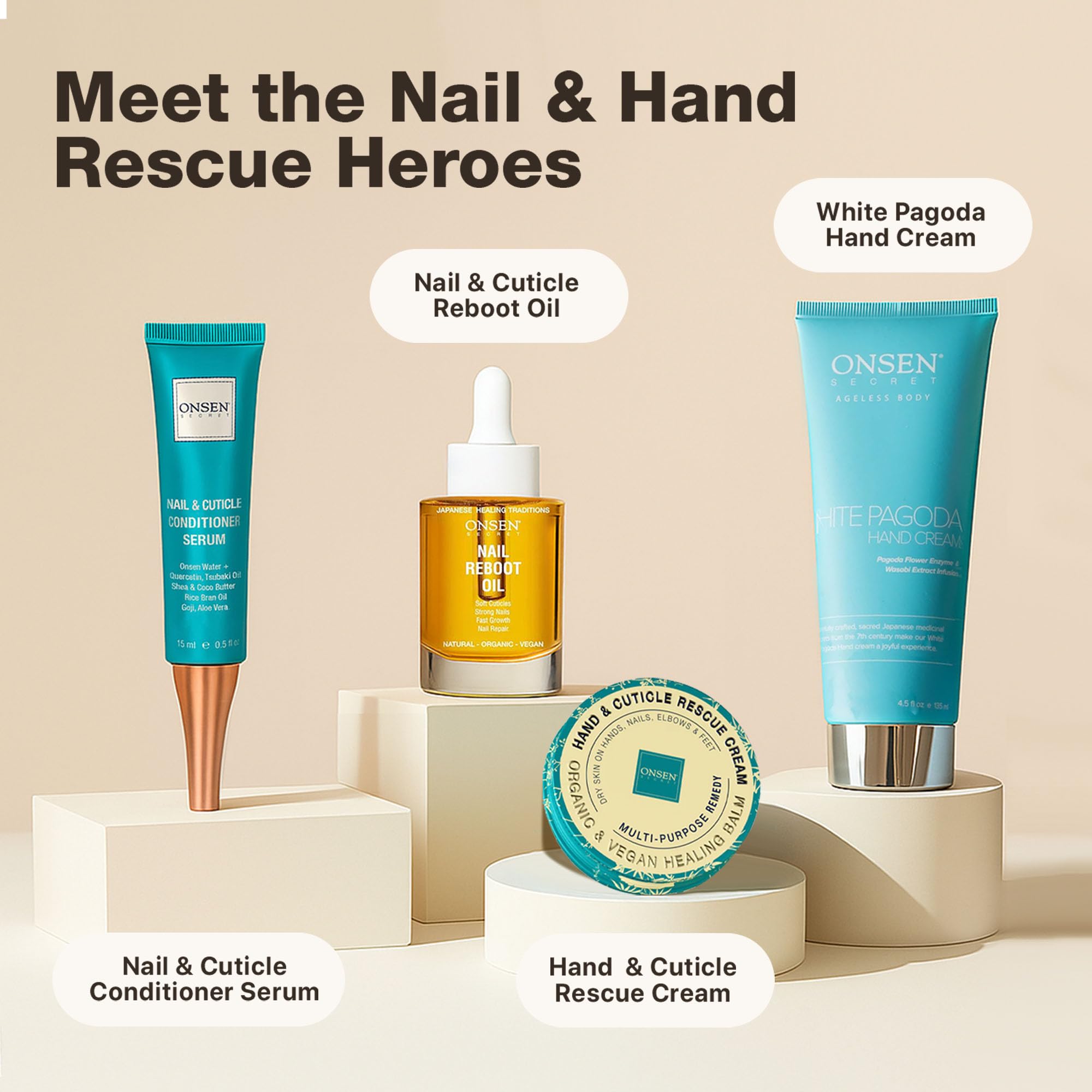 Onsen Secret bottle with lavender aroma—calming nail care routine.
