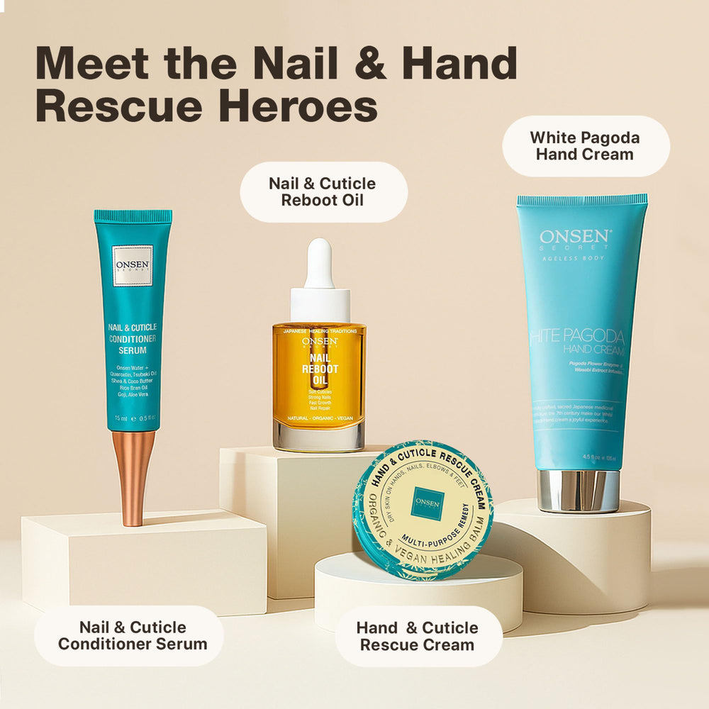 Onsen Secret bottle with lavender aroma—calming nail care routine.