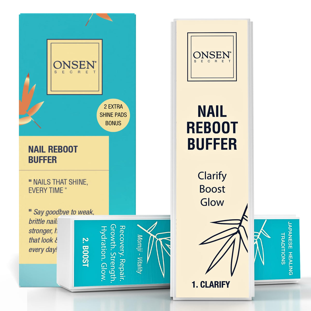 Onsen Secret nail buffer block 4-way ready for smoothing and natural shine.