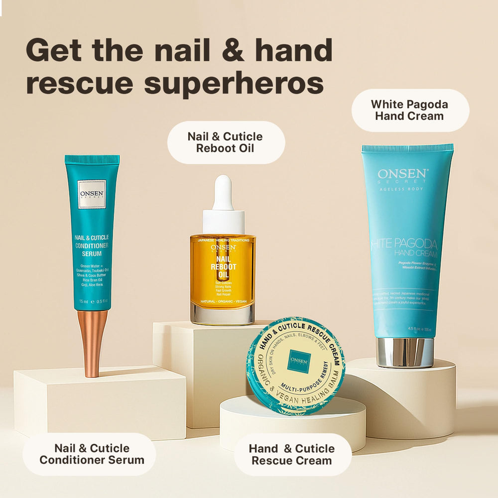 Onsen Secret oil bottle highlighting Tsubaki for nourished nails