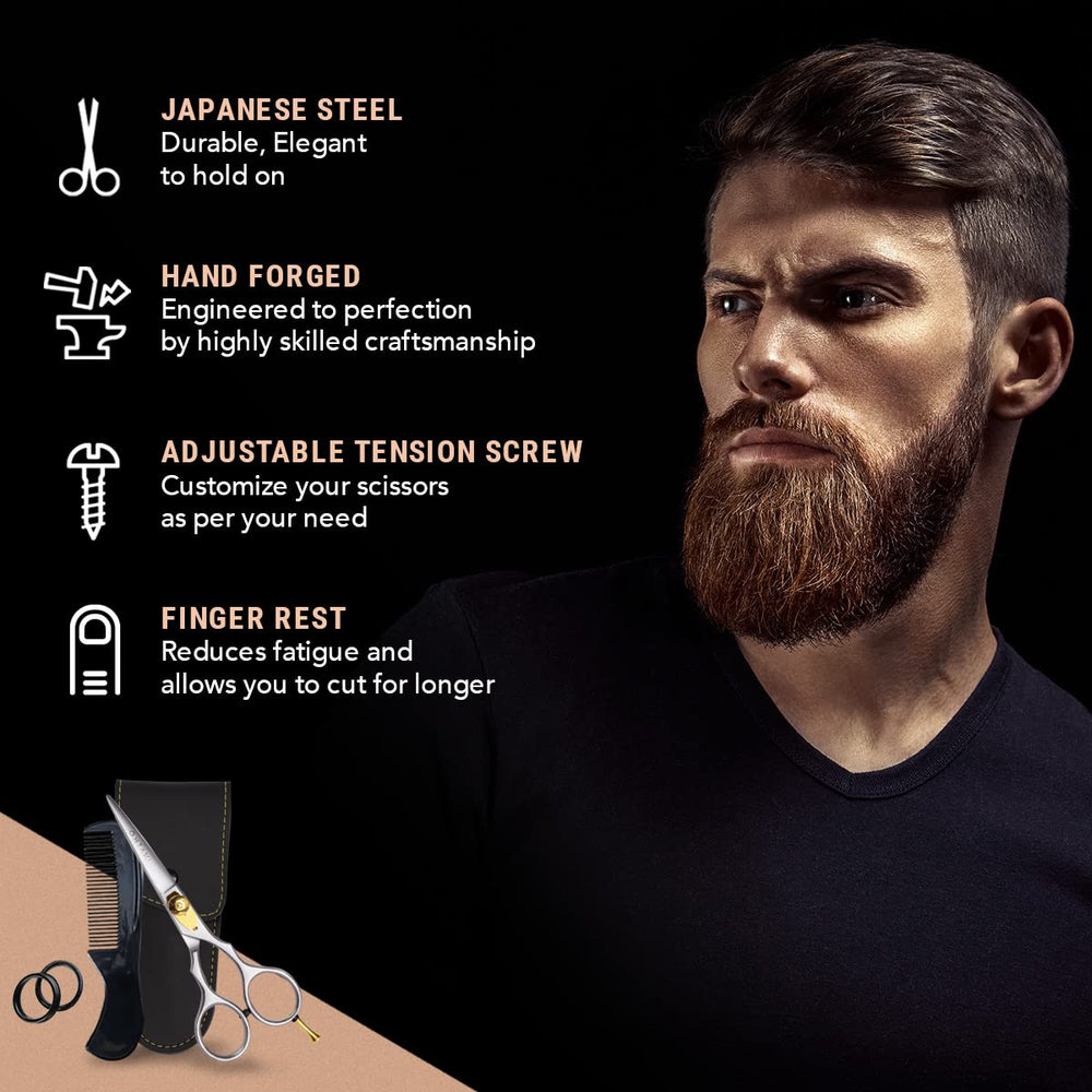 Ontaki beard shears showing rounded tips for safe moustache trimming.