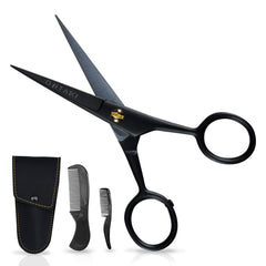 Ontaki mustache scissors 5-inch black bevel-edge close-up for precise trimming.