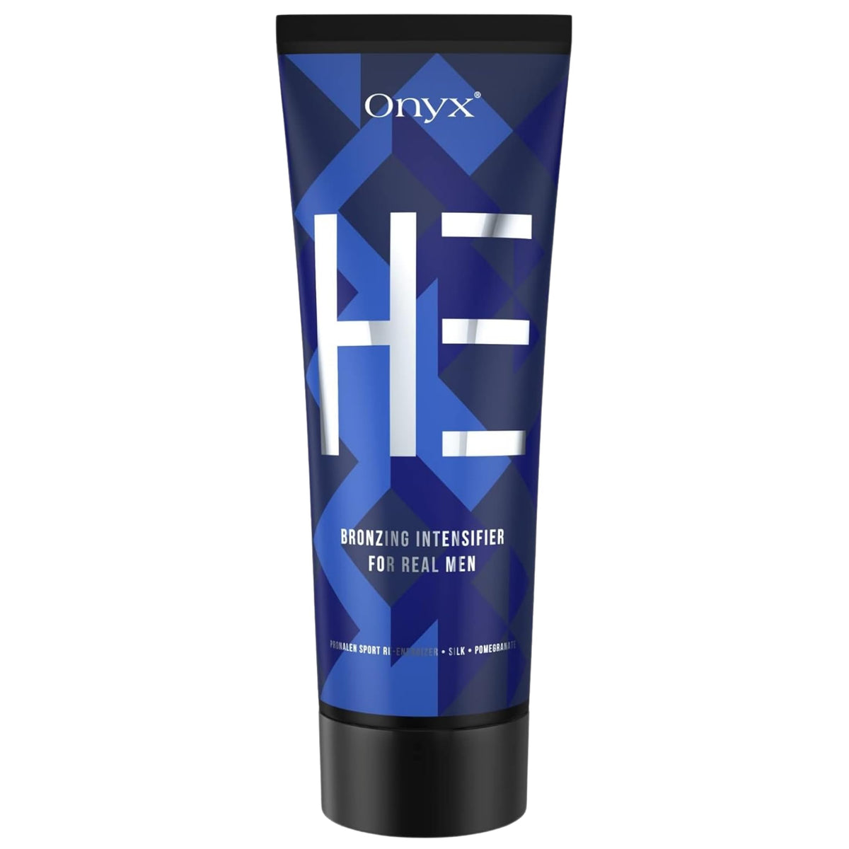Onyx HE tanning lotion bottle front illustrates a quick-drying, non-greasy feel for comfortable tanning.