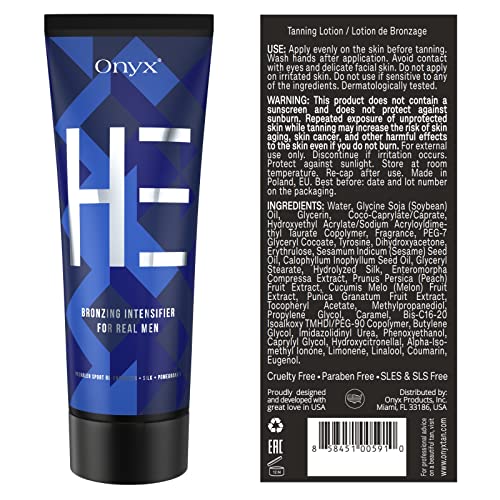 Onyx HE tanning lotion pump closeup shows easy, even application for a uniform bronze.