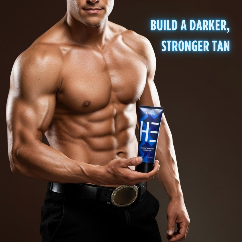 Onyx HE tanning lotion texture swipe highlights light, fast-absorbing formula with no sticky residue.