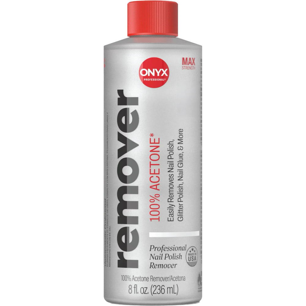 Onyx Professional bottle front showing clear acetone and fast remover benefit