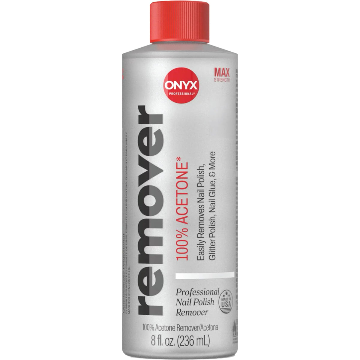Onyx Professional bottle front showing clear acetone and fast remover benefit