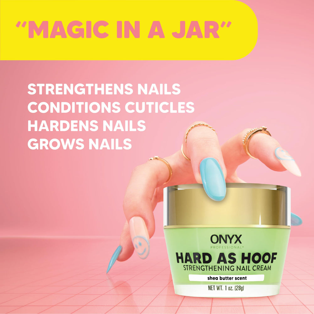 Onyx Professional Hard as Hoof ingredients closeup highlights calcium and jojoba for strengthening.