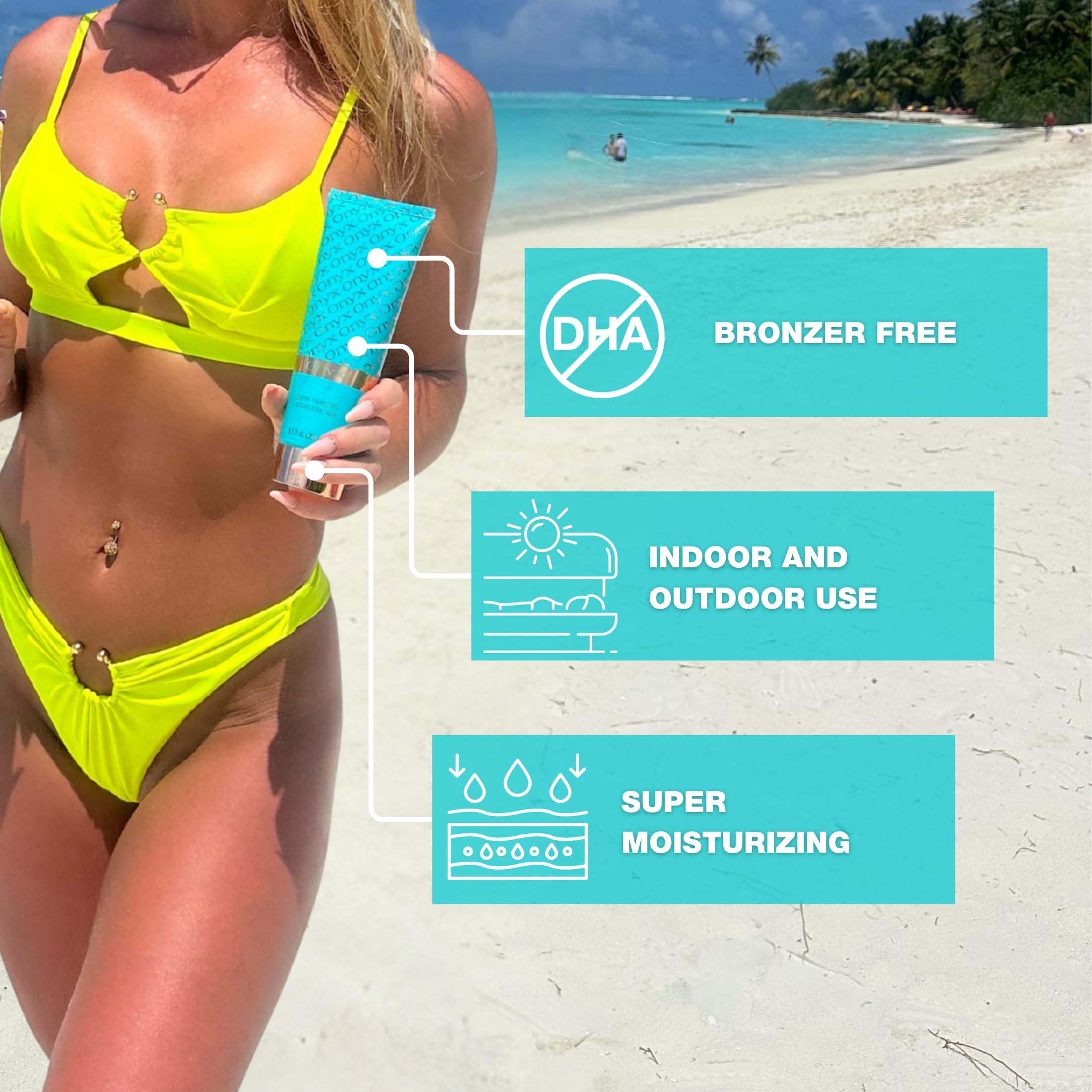 Onyx strongest dark tanning accelerator lotion outdoors under sun for bronzed, natural-looking tan