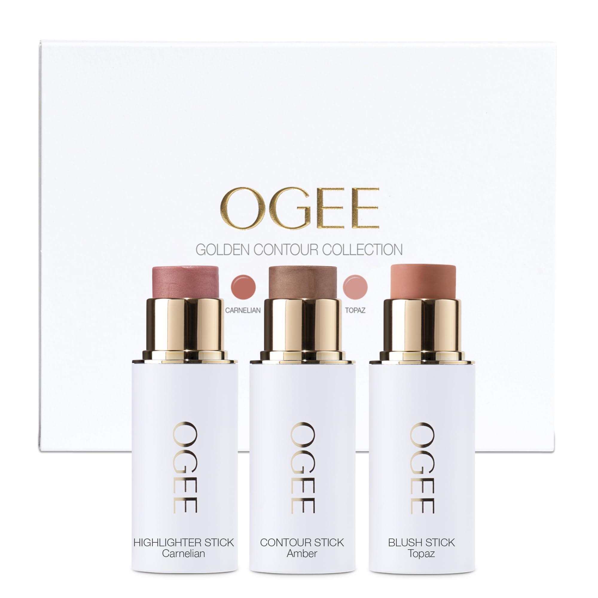 Ogee Face Stick Trio packaging front shows portable makeup for on-the-go glow.