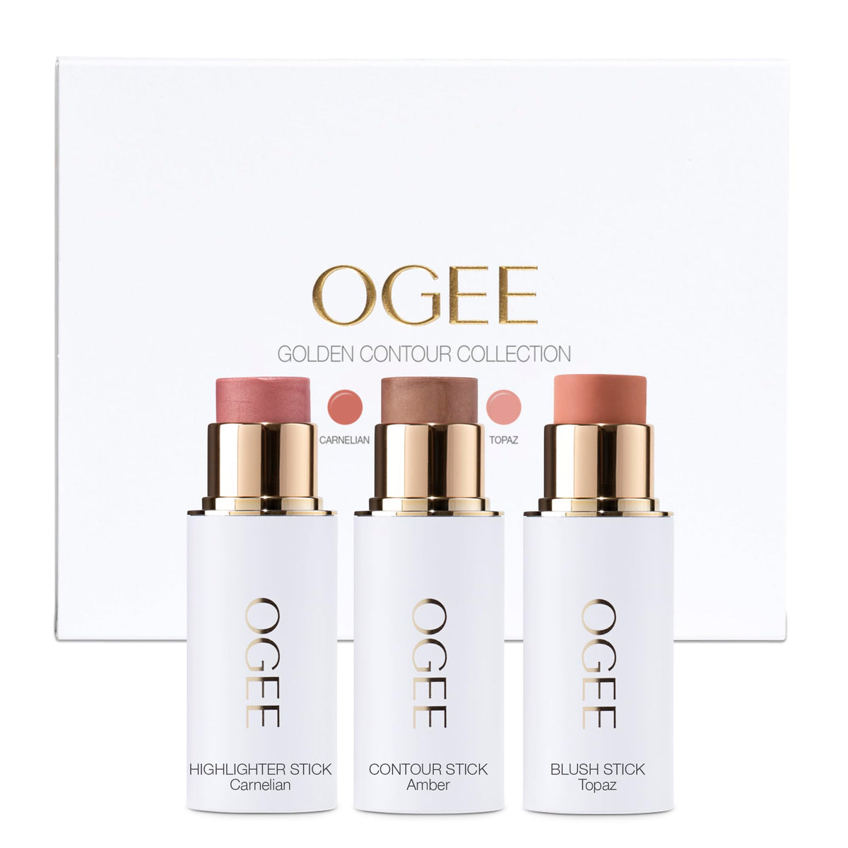 Ogee Face Stick Trio packaging front shows portable makeup for on-the-go glow.
