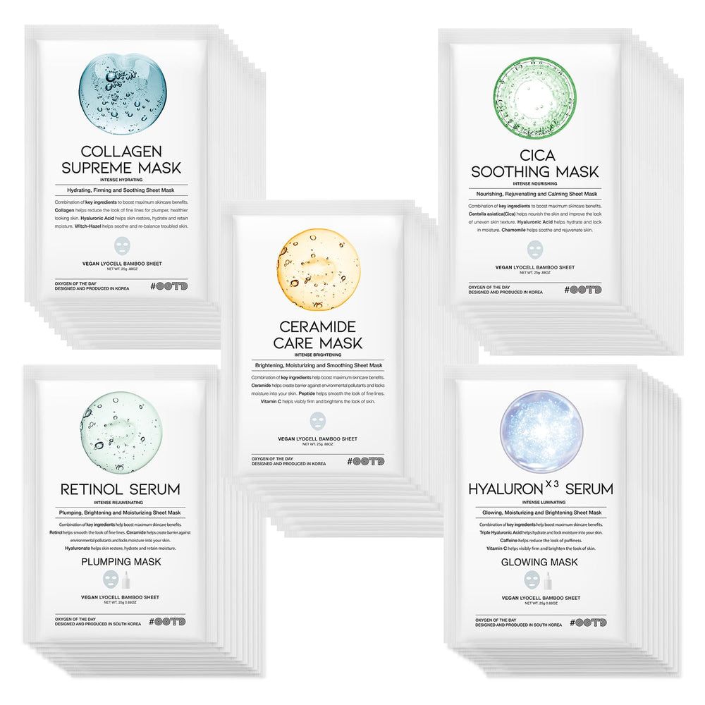 OOTD 50Combo sheet mask hydrates skin with hyaluronic acid for deep moisture.