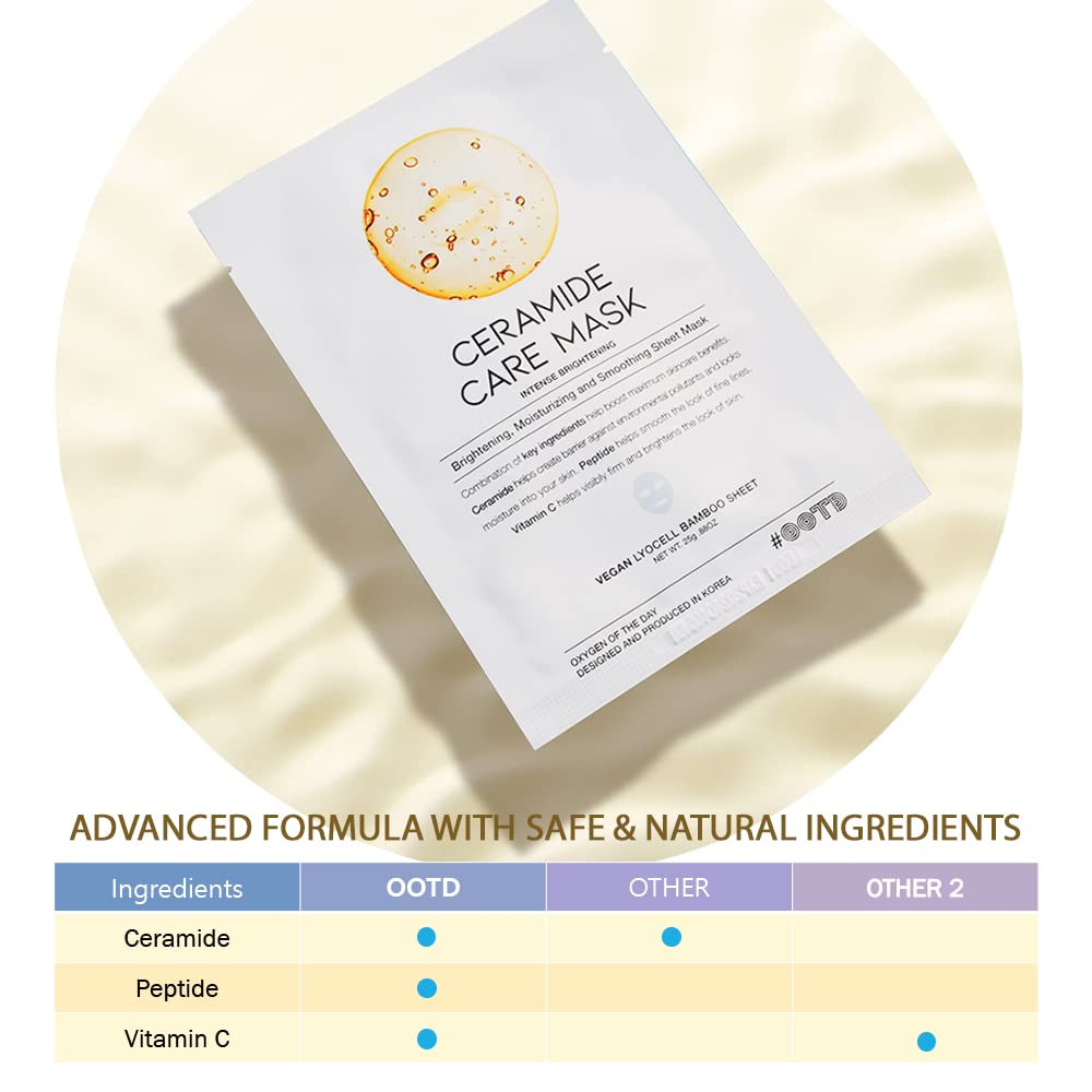 OOTD Ceramide Brightening Sheet Mask ingredients highlight ceramides and vitamin C for protection.
