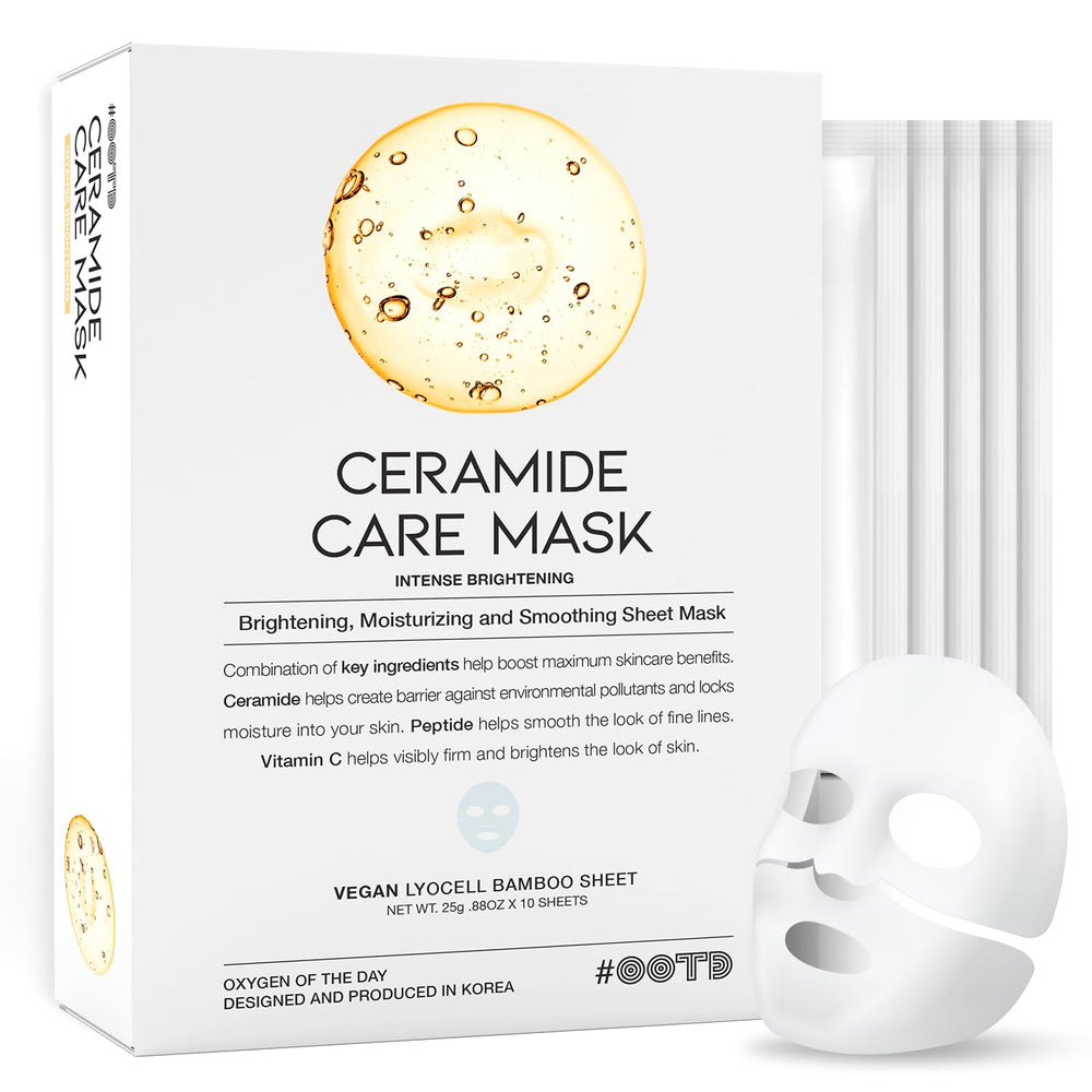 OOTD Ceramide Brightening Sheet Mask packaging shows sustainable vegan formula for radiant skin.