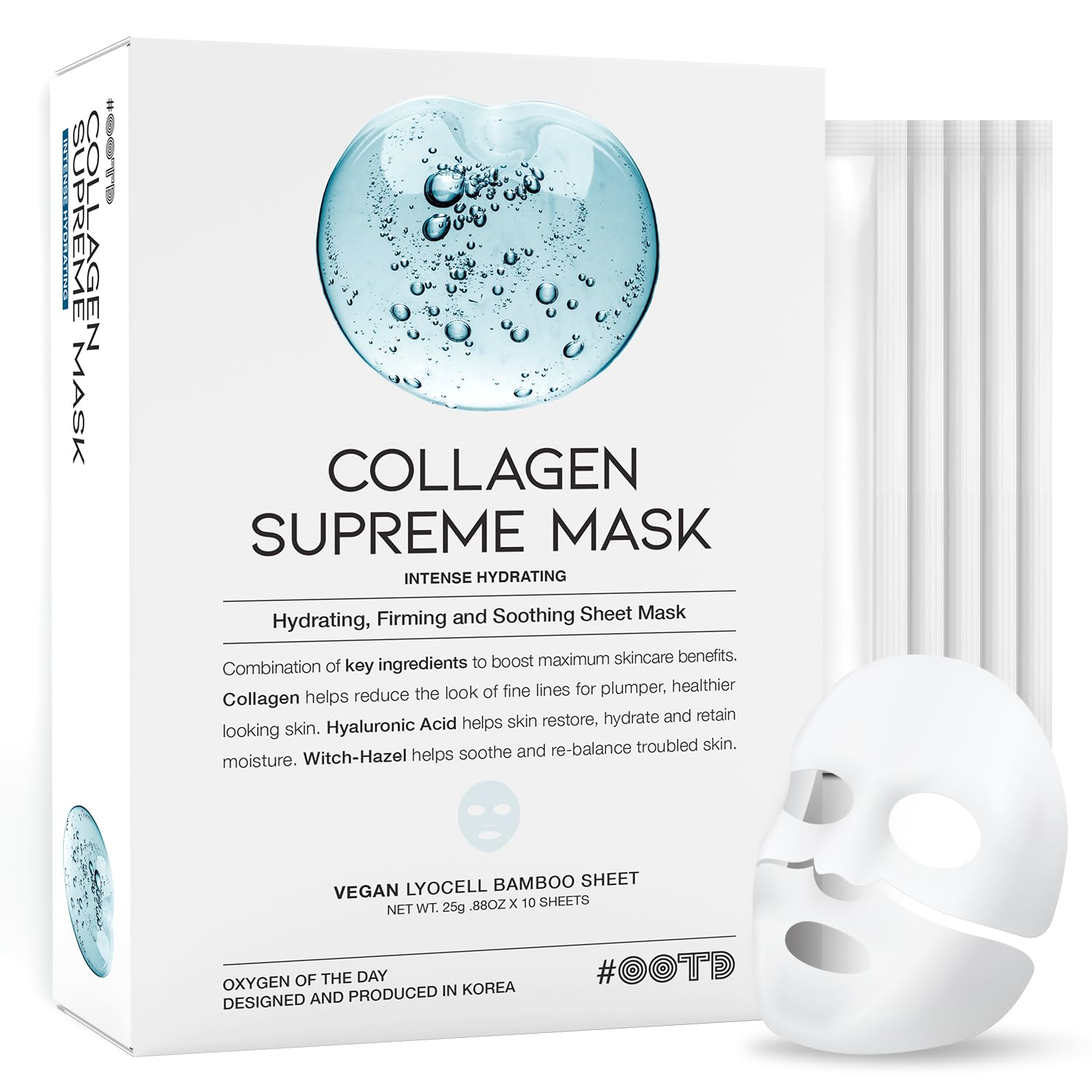 OOTD collagen hydrating sheet mask packaging highlights vegan, clean beauty for daily pampering.