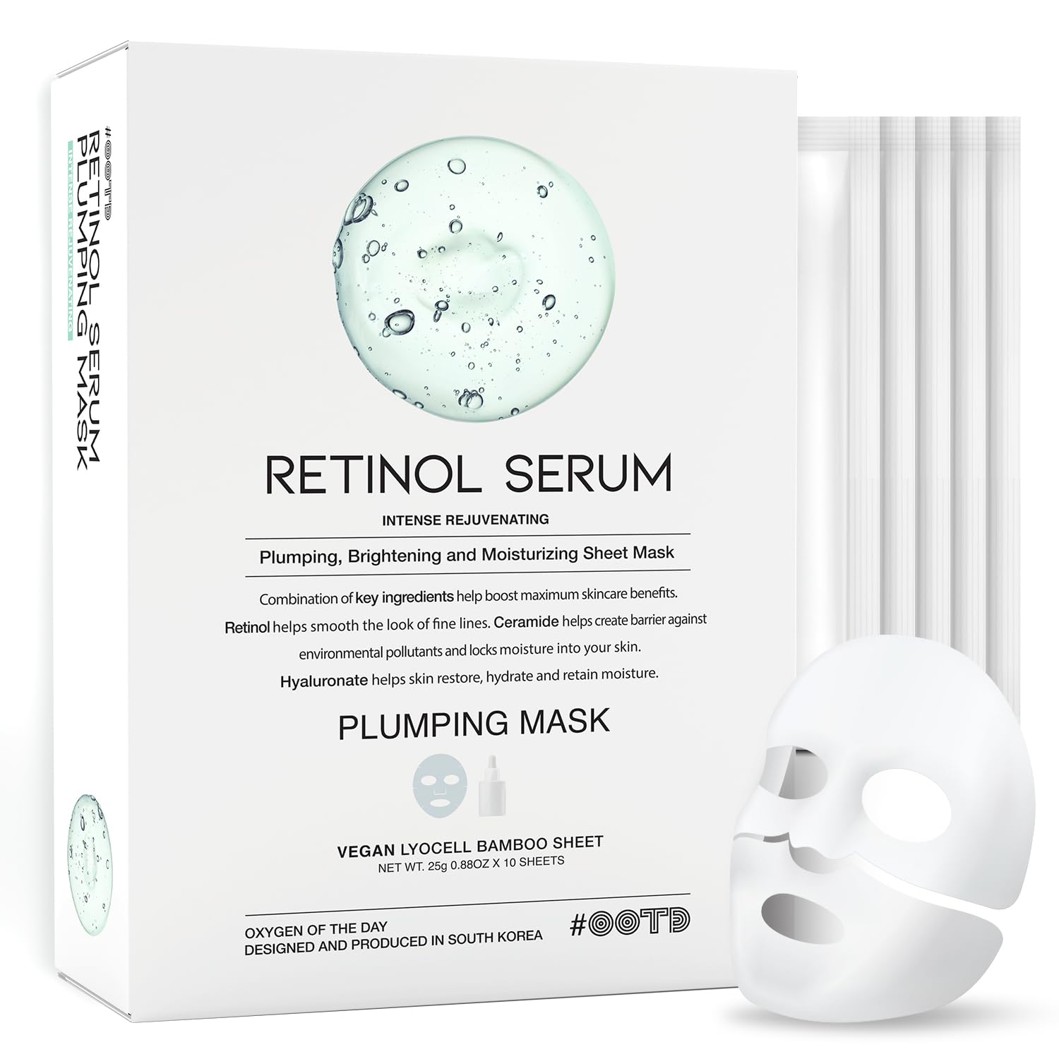 OOTD rejuvenating retinol sheet mask packaging shows vegan certification for sustainable beauty.