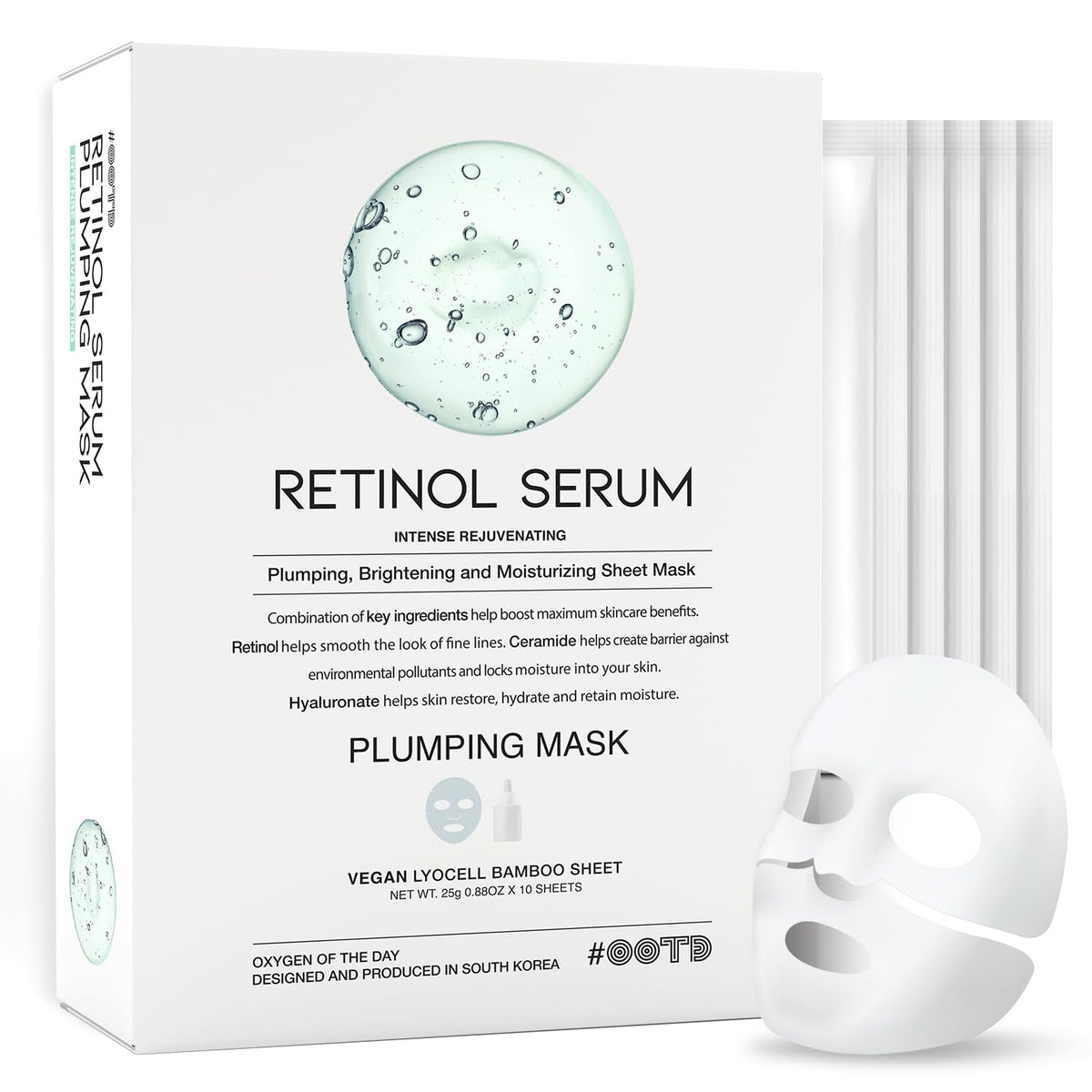 OOTD rejuvenating retinol sheet mask packaging shows vegan certification for sustainable beauty.