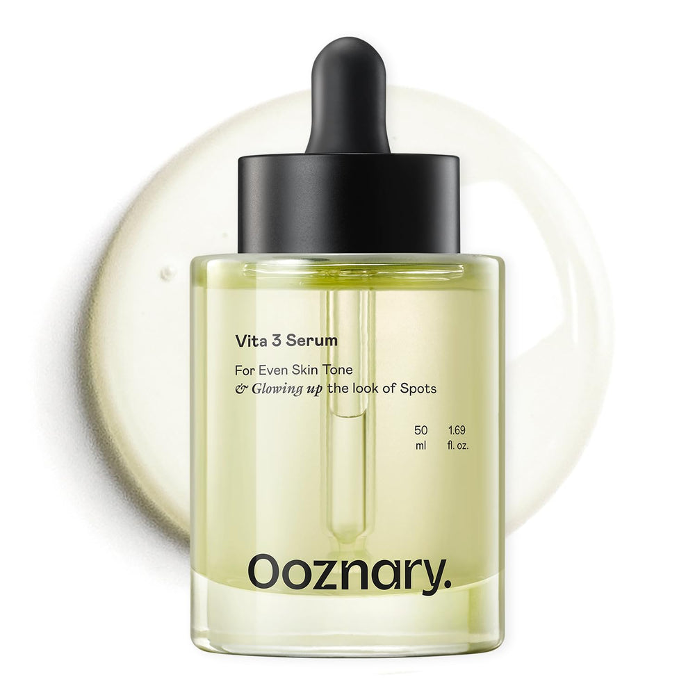 OOZNARY Vita 3 serum bottle closeup for brighter, more even skin tone.