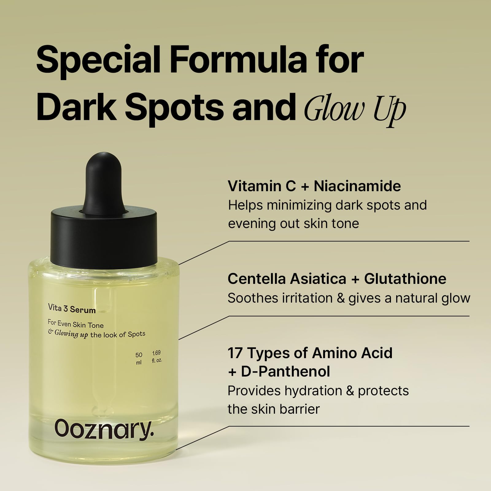 OOZNARY Vita 3 serum Madecassoside focus soothes irritated skin.