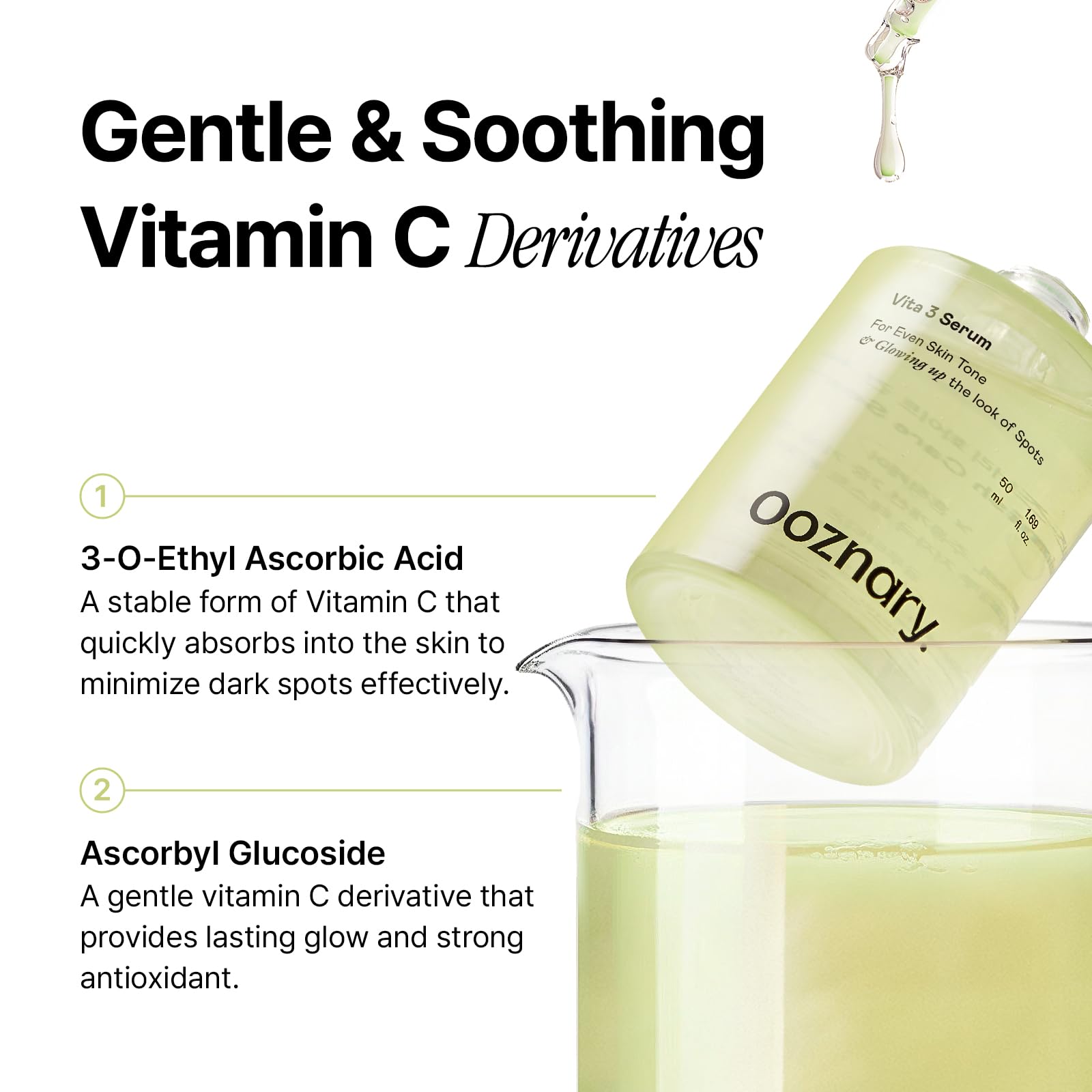 OOZNARY Vita 3 serum swirl texture shows lightweight, non-sticky finish.