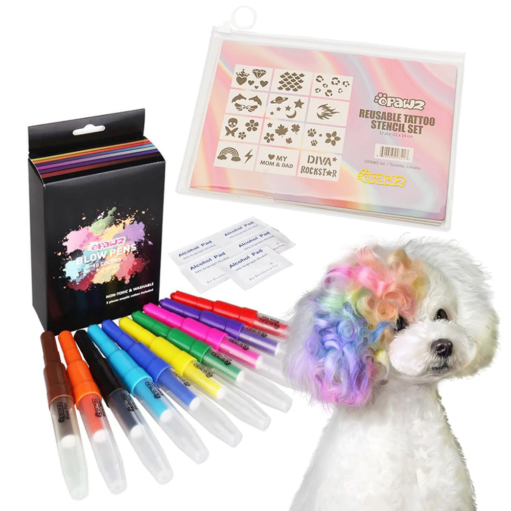 OPAWZ Blow Pen 10-color dye set ready for quick, pet-safe color spray.