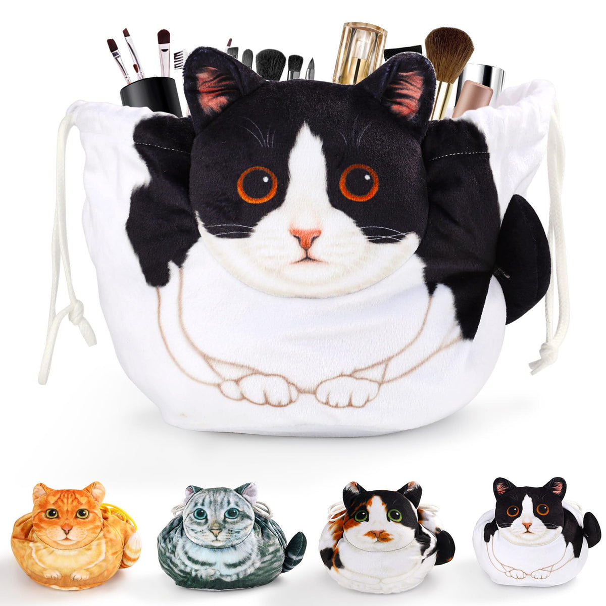 Openhahaha cat makeup bag drawstring demonstrates easy access and organized cosmetics on the go.