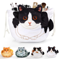 Openhahaha cat makeup bag drawstring demonstrates easy access and organized cosmetics on the go.